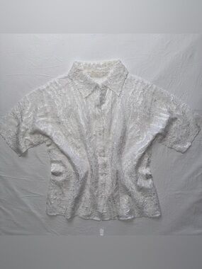 Vintage White Textured Ruffle Button-Up Blouse
